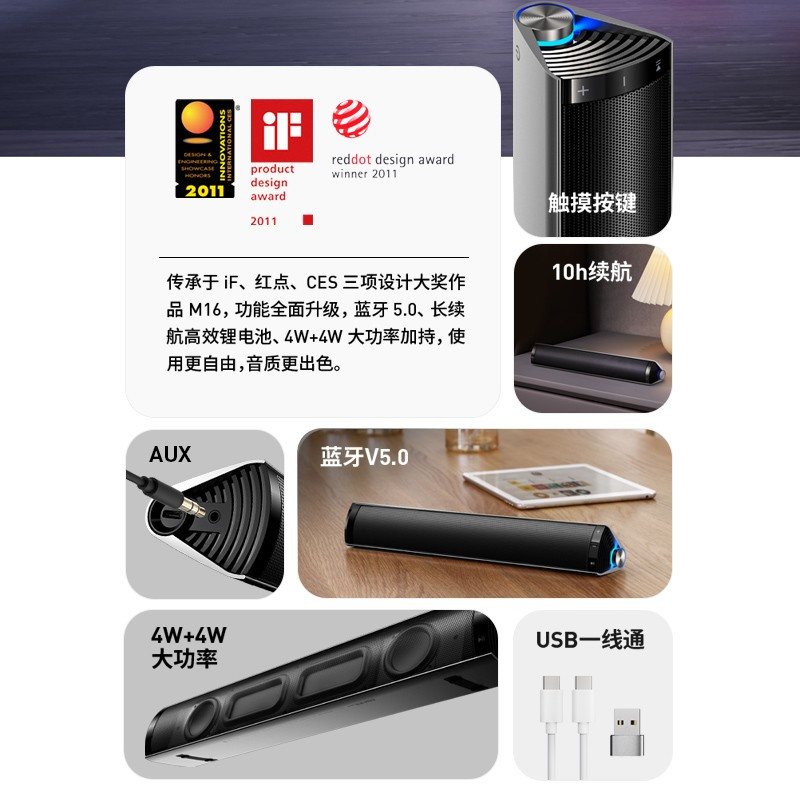 漫步者(EDIFIER) M16 Pro 桌面便携音箱 蓝牙音箱 电脑音响 蓝牙5.0 内置锂电池 兼容笔记本高清大图