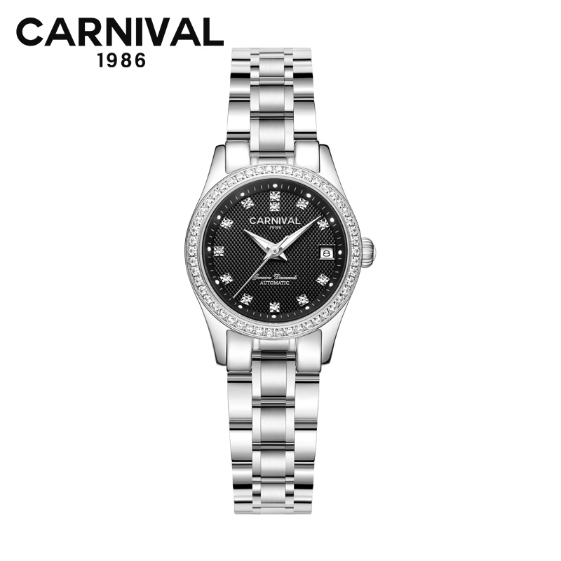 瑞士嘉年华Carnival正品新款手表自动机械表 女士休闲时尚满天星水钻商务女表夜光防水金属精钢腕表JNH8678 精钢黑面钢带