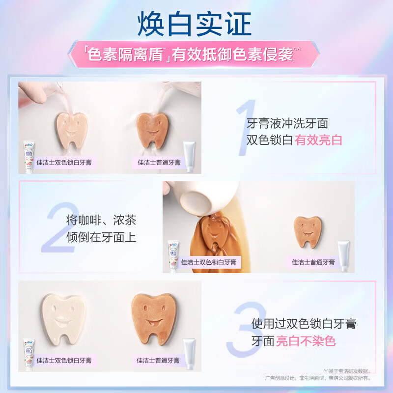 佳洁士双色锁白牙膏 去黄去牙渍防渍含氟清新口气 120g*3支(冈山梦白桃*2+清新雪樱香)高清大图