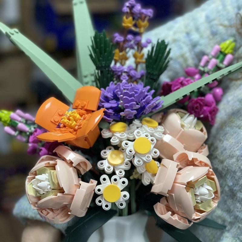 兼容乐高森宝积木花束玫瑰向日葵雏菊女生情人节礼物拼插玩具装饰 透明 一键