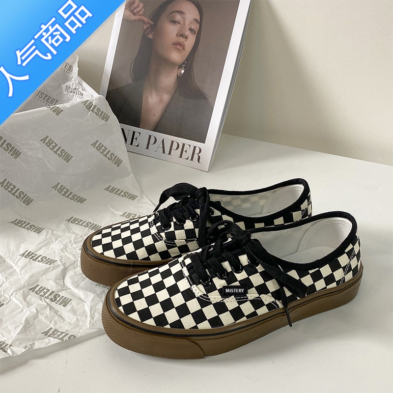 SUNTEK黑白棋盘格子鞋女2023夏季新款英伦风圆头平底帆布鞋复古黑季季布高清大图