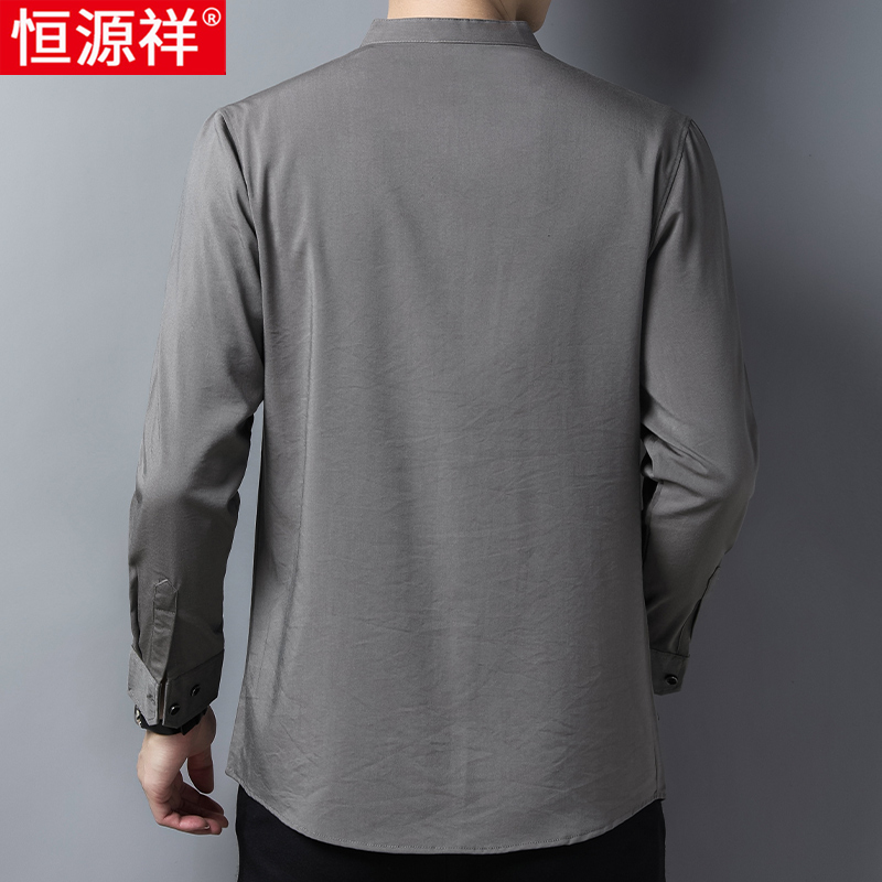 恒源祥中山装立领衬衫男长袖中国风宽松中老年父亲多口袋衬衣源衬高清大图
