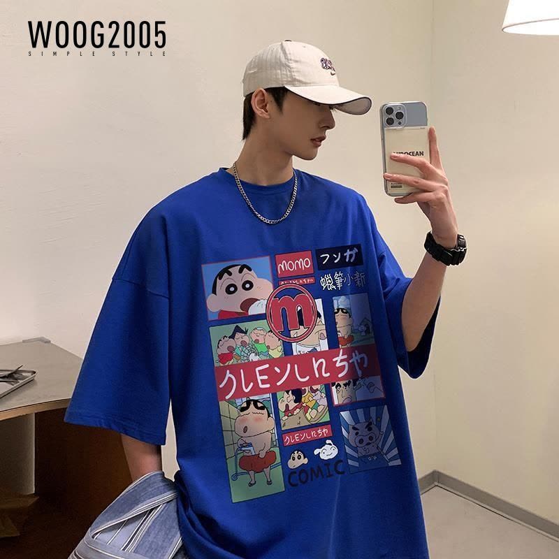 WOOG2005夏季休闲短袖男宽松印花半袖上衣圆领卡通情侣装T恤图片
