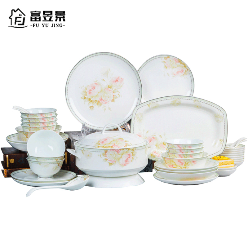 富昱景 景德镇餐具碗碟套装碗菜盘子陶瓷器骨瓷碗碟家用送礼组合吃饭碗 58件春意盎然配公主煲
