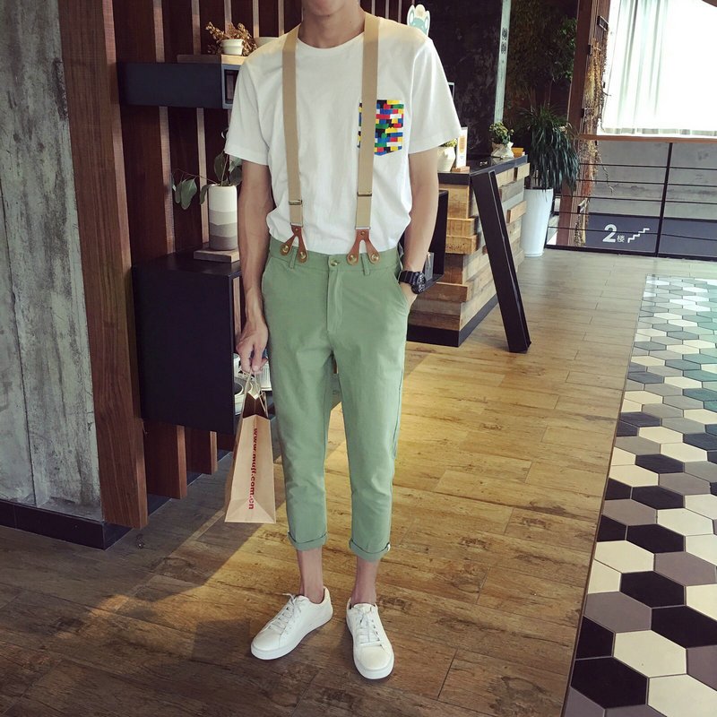 可拆卸背带裤九分裤休闲裤男2018夏款纯色时尚百搭薄款个性流行潮
