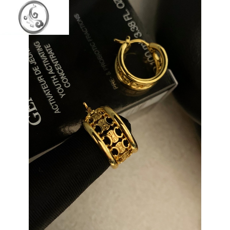 JiMi推荐中古风法式奢潮复古欧美金色镂空雕花粗款圆环hoop凯旋门耳环