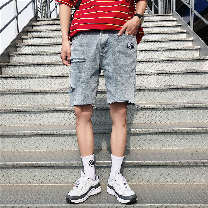 夏款男生短裤韩版简洁破洞五分裤大码牛仔中裤宽松时尚休闲裤潮
