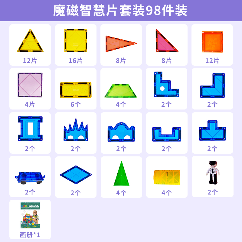 科博[魔磁智慧片]98片装磁力片彩色透光3岁以上男孩女孩益智带磁性拼装积木强磁性玩具男孩女孩玩具高清大图
