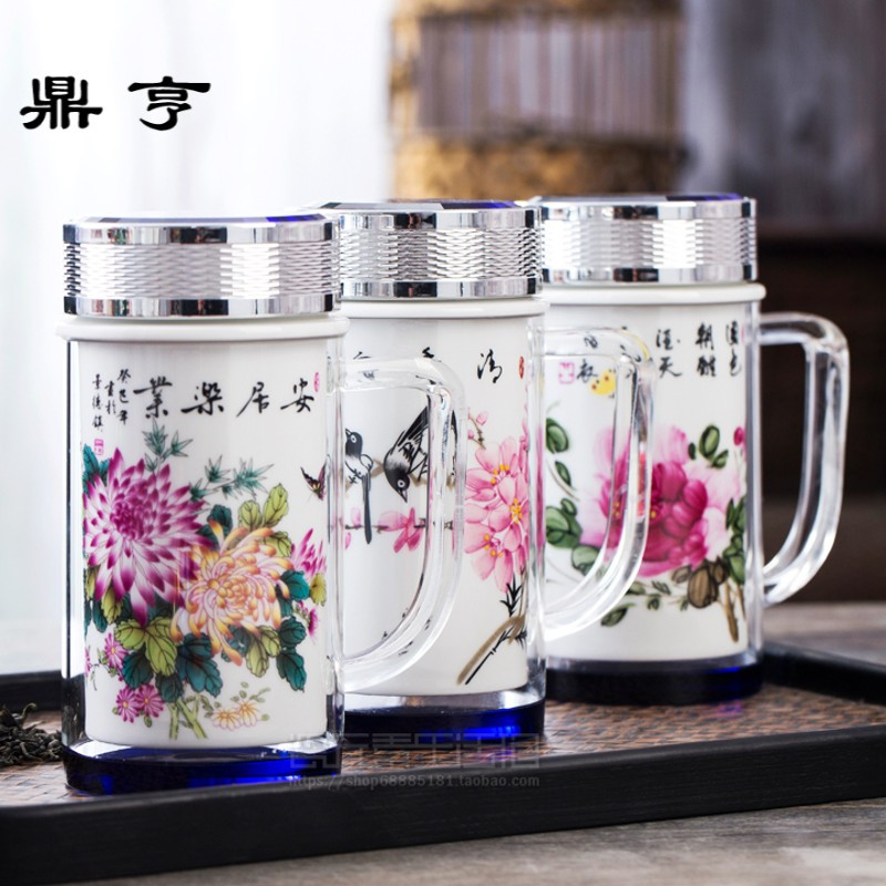 鼎亨陶瓷手绘青花水杯双层保温杯办公杯便携杯泡茶杯带把手礼品