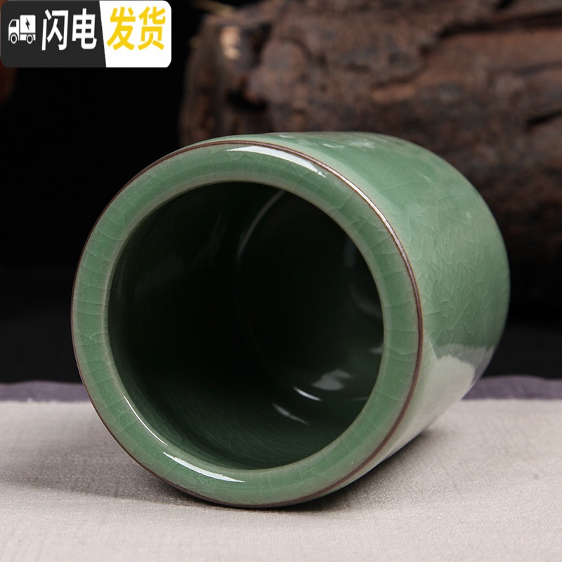 三维工匠龙泉淘青瓷创意文具时尚圆形陶瓷精品笔筒毛笔圆珠笔铅笔多功能 大号哥窑梅子青高清大图