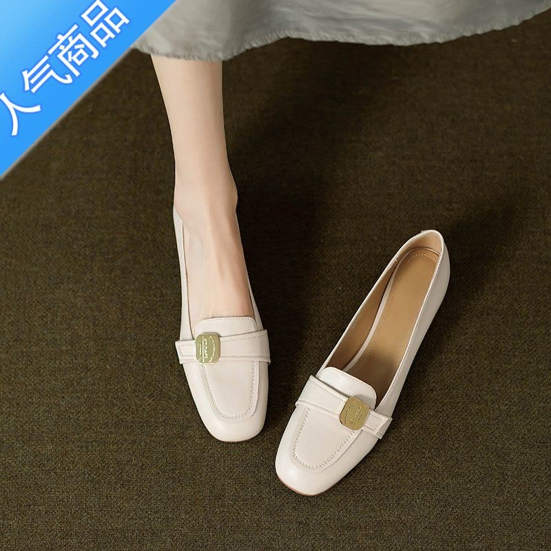 SUNTEK法式复古金属扣低跟乐福鞋女浅口2023春秋新款粗跟单鞋小皮鞋图片