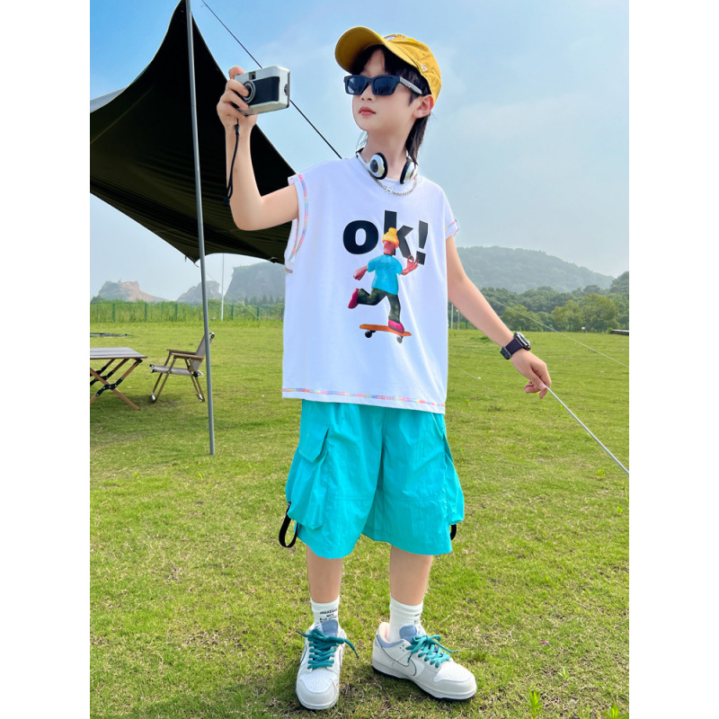 男童夏装套装2025新款儿童夏季短袖运动服背心大童洋气男孩薄款潮
