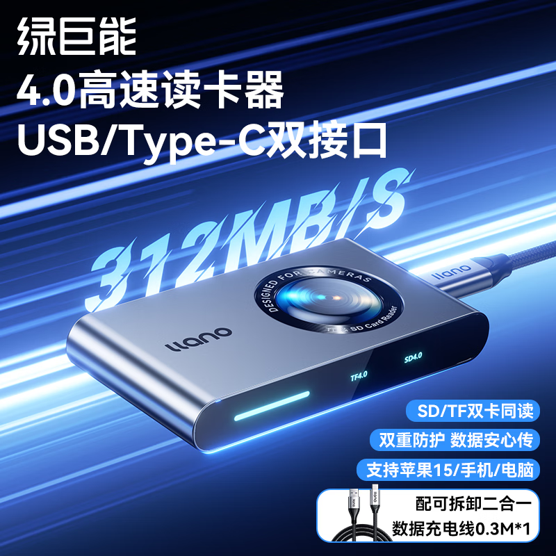 绿巨能USB/Type-C高速4.0读卡器 SD/TF双卡同读 适用电脑台式机苹果/单反/手机无人机充电数据线高清大图