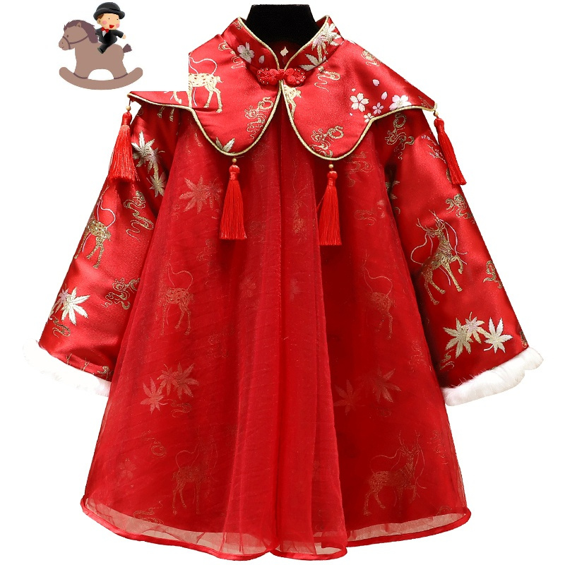 女童连衣裙秋冬装女宝宝洋气时髦过年红色公主裙加绒儿童新年裙子裙子