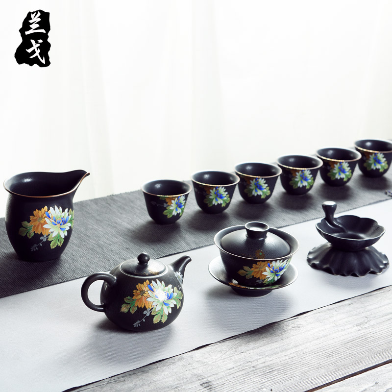 美帮汇整套功夫茶具套装 复古黑陶侧把壶承家用简约汝窑陶瓷礼品装高清大图