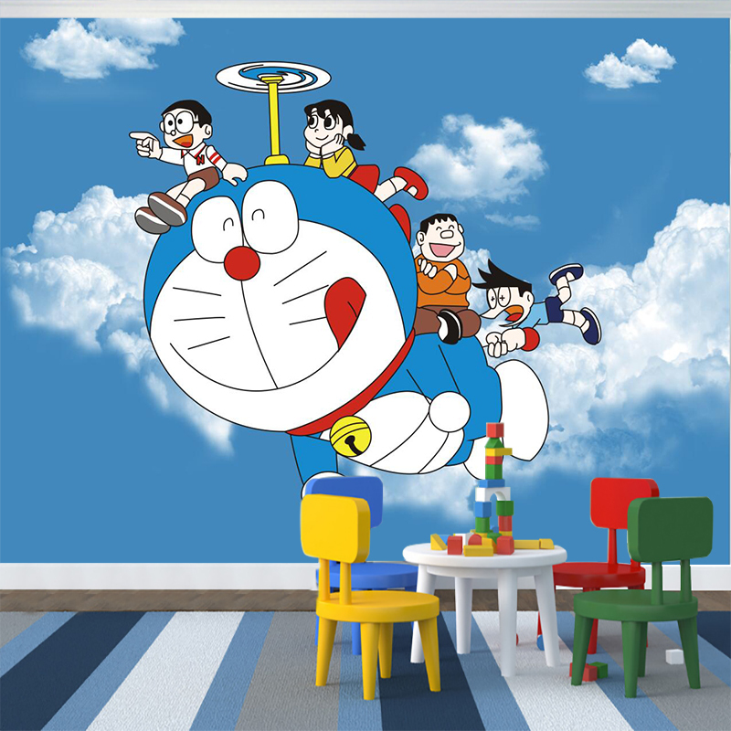 卡通男孩儿童房壁纸机器猫哆啦a梦壁画叮当猫动漫无纺布墙纸卧室