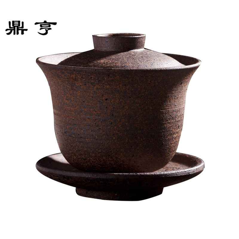 鼎亨 全手工原矿粗陶老岩泥 台湾柴烧大号三才茶碗茶杯盖碗