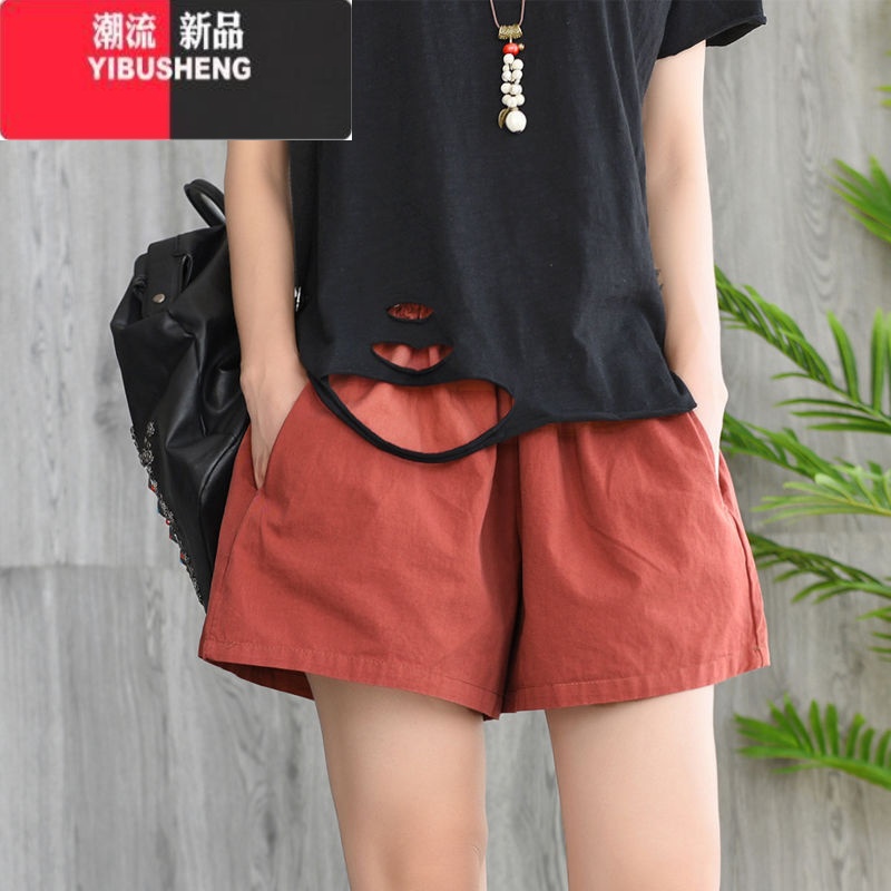 YIBUSHENG大码女装复古文艺季新款休闲松紧腰宽松薄款显瘦阔腿短裤腰高清大图