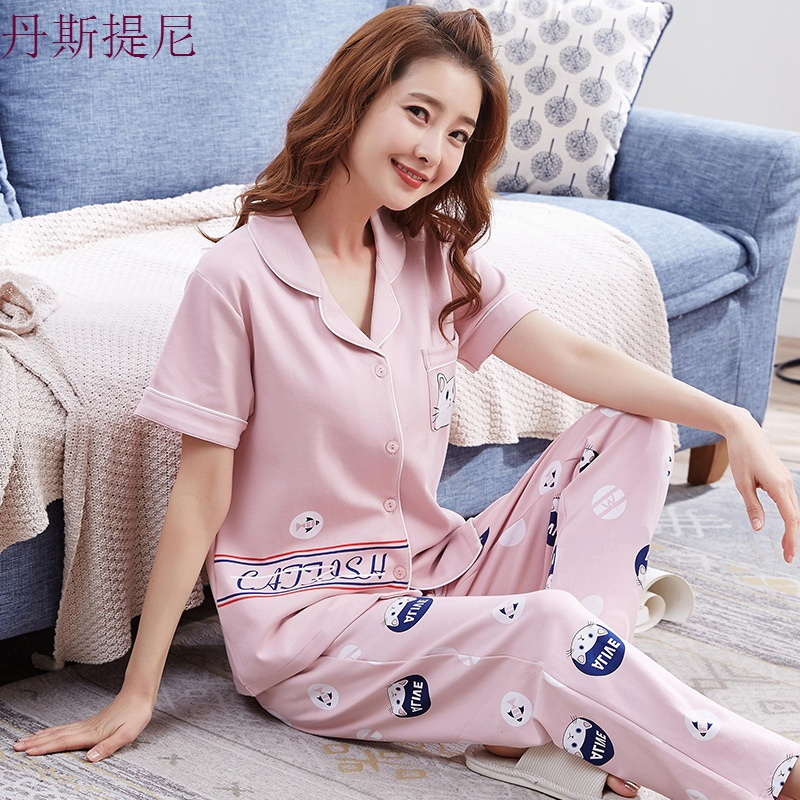 情侣睡衣女秋季纯棉短袖长裤薄款春秋天开衫韩版夏男士家居服套装