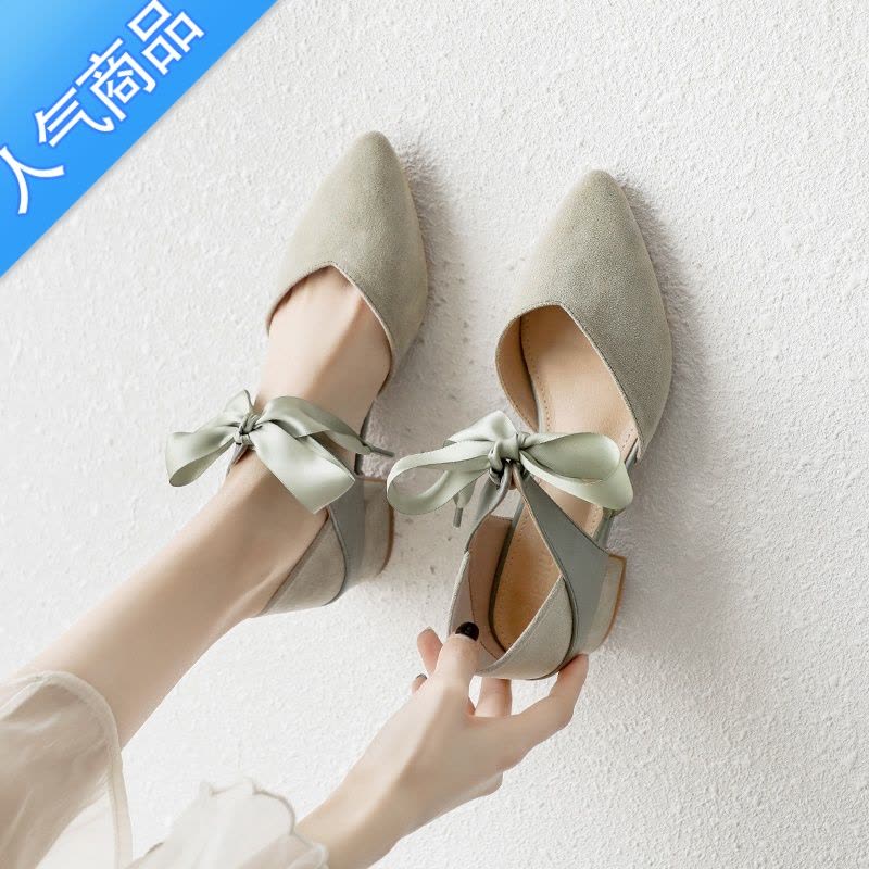 SUNTEK法式玛丽珍包头凉鞋女夏仙女风2023蝴蝶结粗跟中跟尖头斩男高跟鞋图片