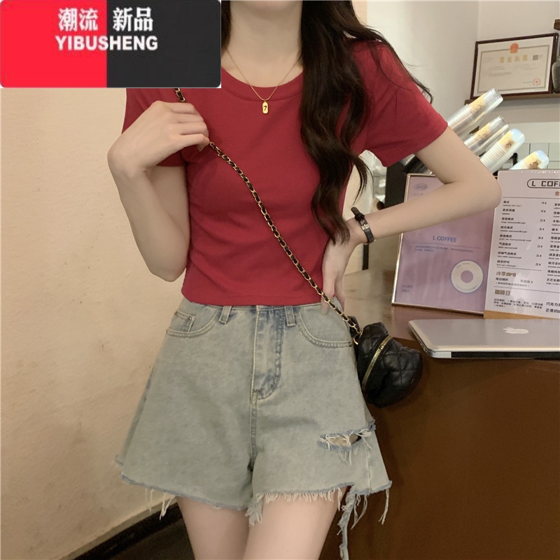 YIBUSHENG圆领正肩粉色t恤女短袖季美式修身短款高腰辣妹纯欲体恤上衣体 XL建议120-130斤 火龙果色