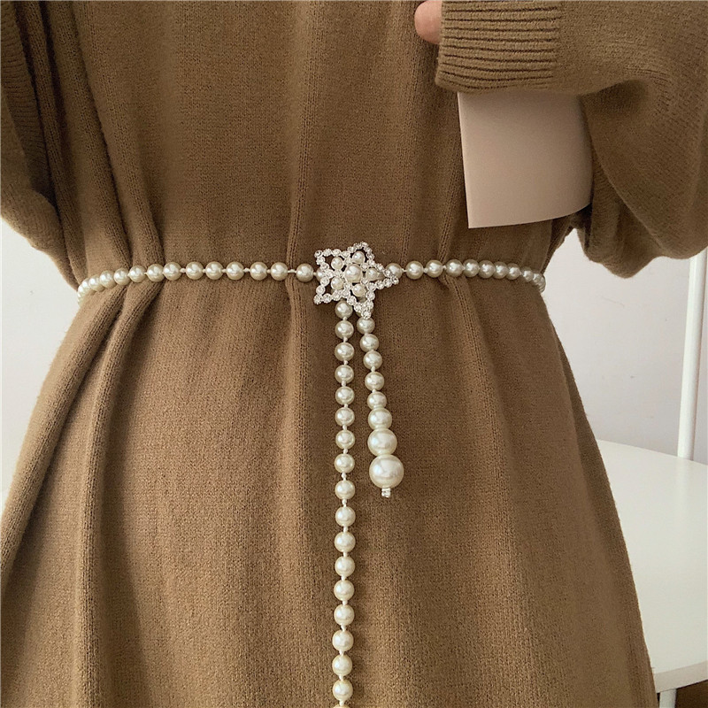 ins甜美珍珠腰带女时尚装饰配连衣裙子毛衣加长打结收腰腰链百搭一