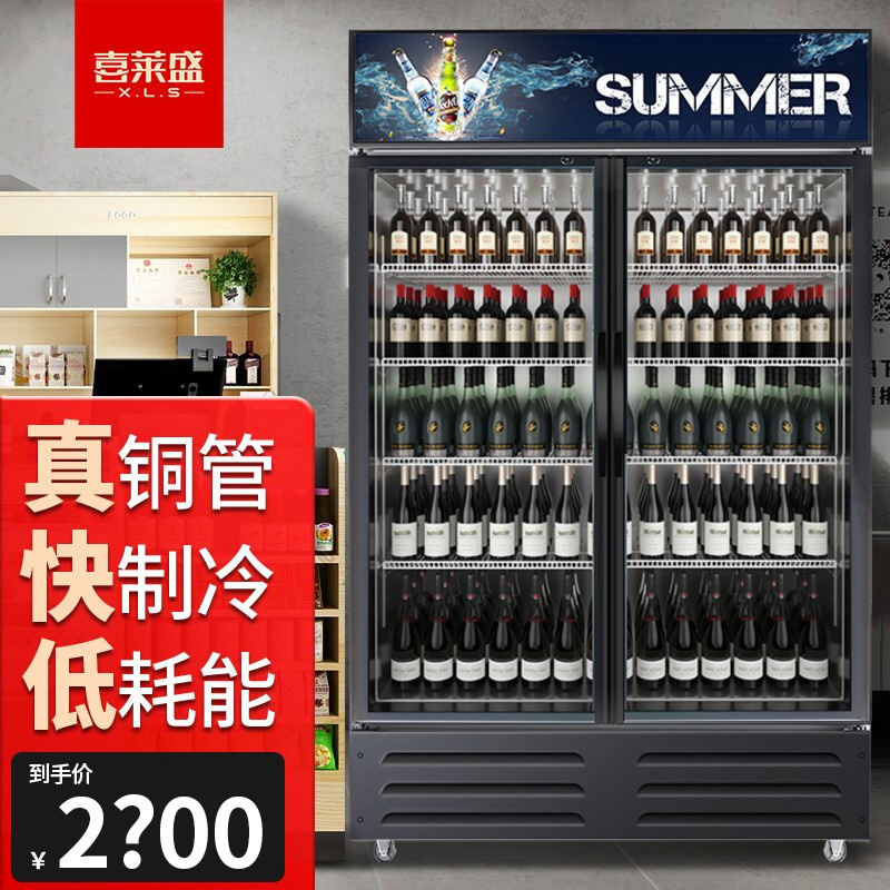 喜莱盛(XLS)展示柜冷藏饮料柜保鲜立式冰柜单双门三门商用冰箱点菜柜便利店超市啤酒冷士多店小卖部 双门高端黑 风冷