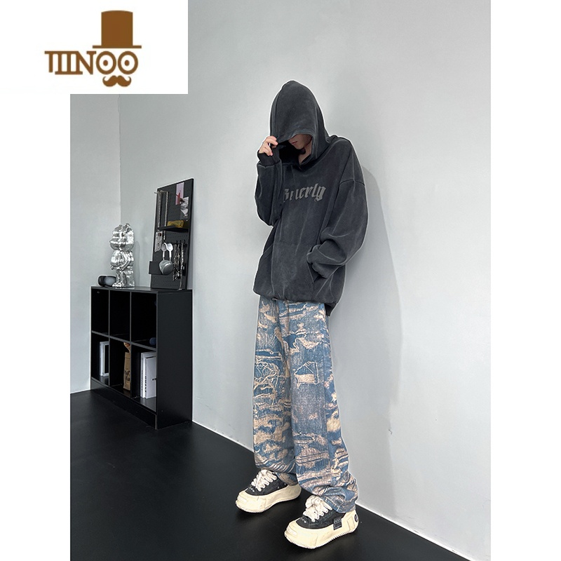 YANXU牛仔裤男秋季美式高街vibe潮牌痞帅满印水洗宽松直筒阔腿休闲长Y高清大图