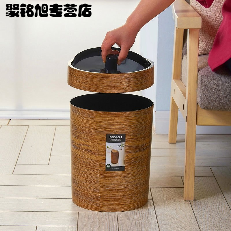 韩式家用杂物桶木纹圆形垃圾桶摇盖木头色收纳筒木质地板多色多款生活日用家庭清洁清洁用品清洁工具垃圾桶