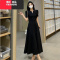 YIBUSHENG大码胖mm法式正肩小V领黑色短袖连衣裙季高级感收腰显瘦长裙子