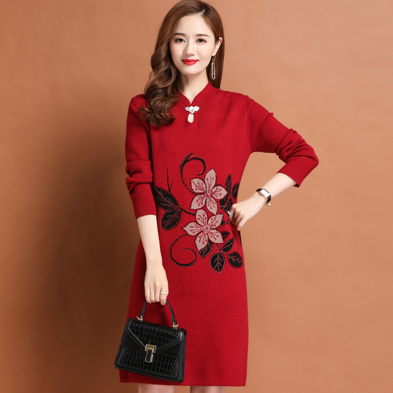 加厚新中式国风改良旗袍包臀长裙子女春秋大码收腰针织打底羊绒连衣裙红色旗袍裙气质长款复古高级感敬酒服连衣裙 深灰色 S