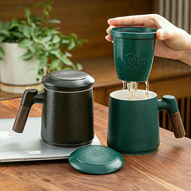 刻字木柄水杯家用办公杯茶水分离杯带盖过滤男女专用泡茶马克水杯 禅悟-办公杯蓝