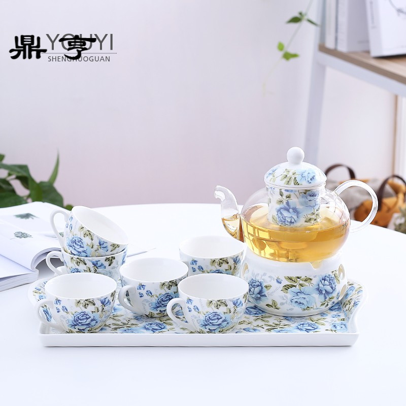 鼎亨陶瓷花茶茶具套装耐热玻璃花茶壶煮水果茶壶茶杯托盘下午茶茶