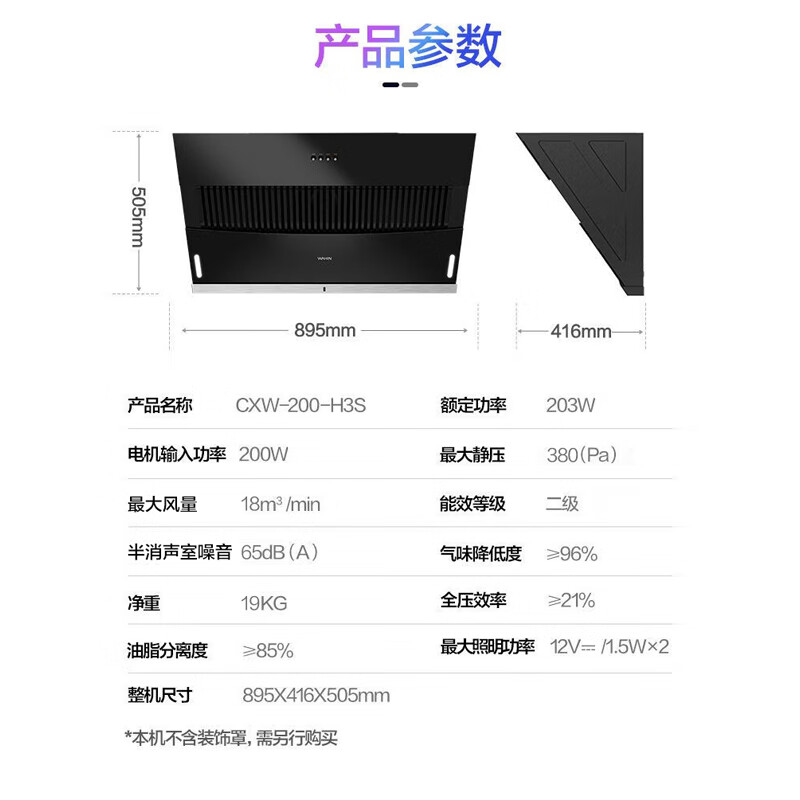美的出品WAHIN华凌抽油烟机CXW-200-H3S 侧吸式18立方大吸力抽油烟机单机家用厨房壁挂式烟机(H3升级款)高清大图