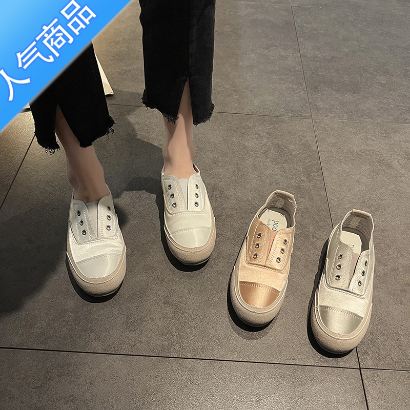 SUNTEK时尚圆头系带小白鞋女2022年夏季新款超火一脚蹬休闲运动帆布单鞋高清大图