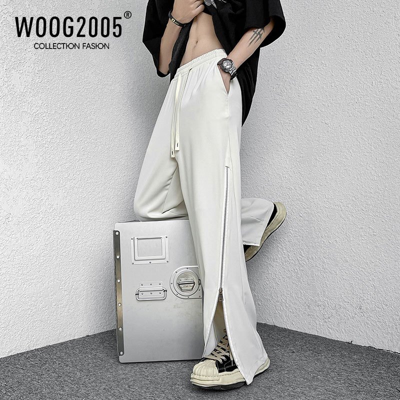 WOOG2005冰丝裤子男冷淡风男装高级感拉链开叉防蚊裤垂感拖地长裤