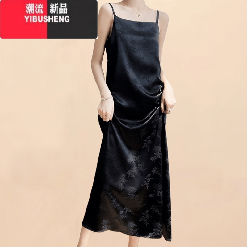 YIBUSHENG季高级感吊带连衣裙女设计感小众裙子醋酸新款宽松缎面中长款裙高清大图