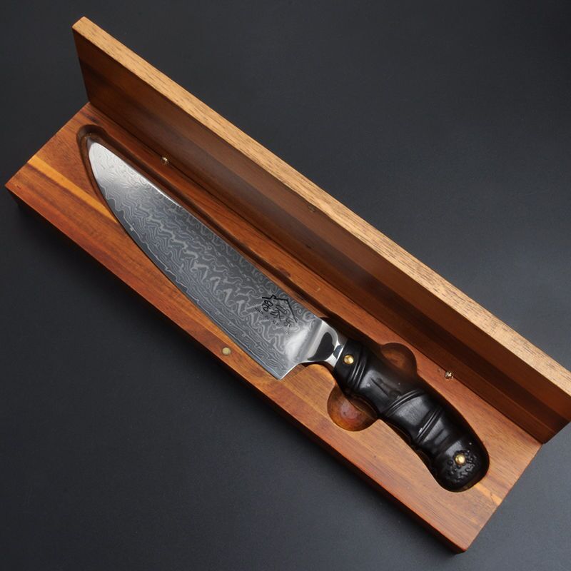 紫檀木通钢柄8寸日本大马士革西式主厨刀日式菜刀片肉刀 直刀 菜刀