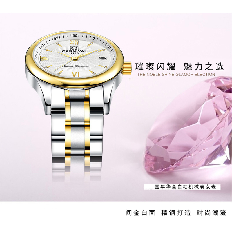 瑞士嘉年华Carnival女士全自动机械表 女镂空休闲时尚商务女表防水金属精钢带韩版潮流手表简约透视腕表情侣表8670L高清大图