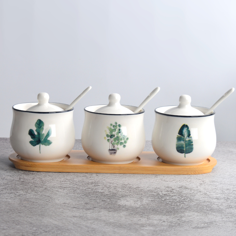 陶瓷调味罐套装厨房用品佐料瓶家用盐味精组合装调味瓶带盖勺铁架 敬平 绿叶三件套木托盘