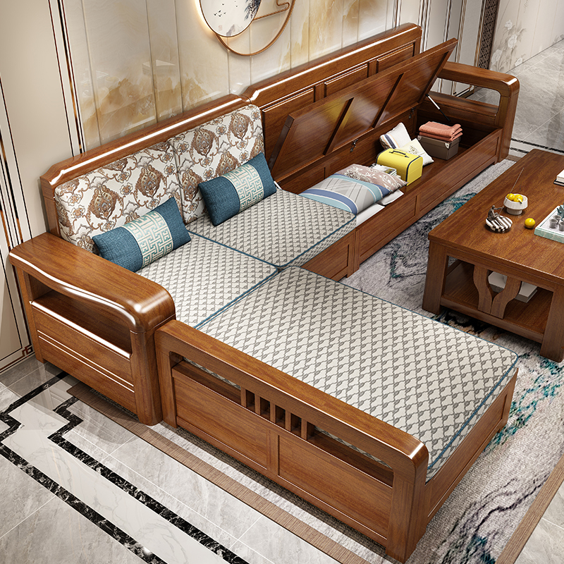 金丝胡桃木实木沙发组合新中式客厅家具冬夏两用带储物木质沙发视频