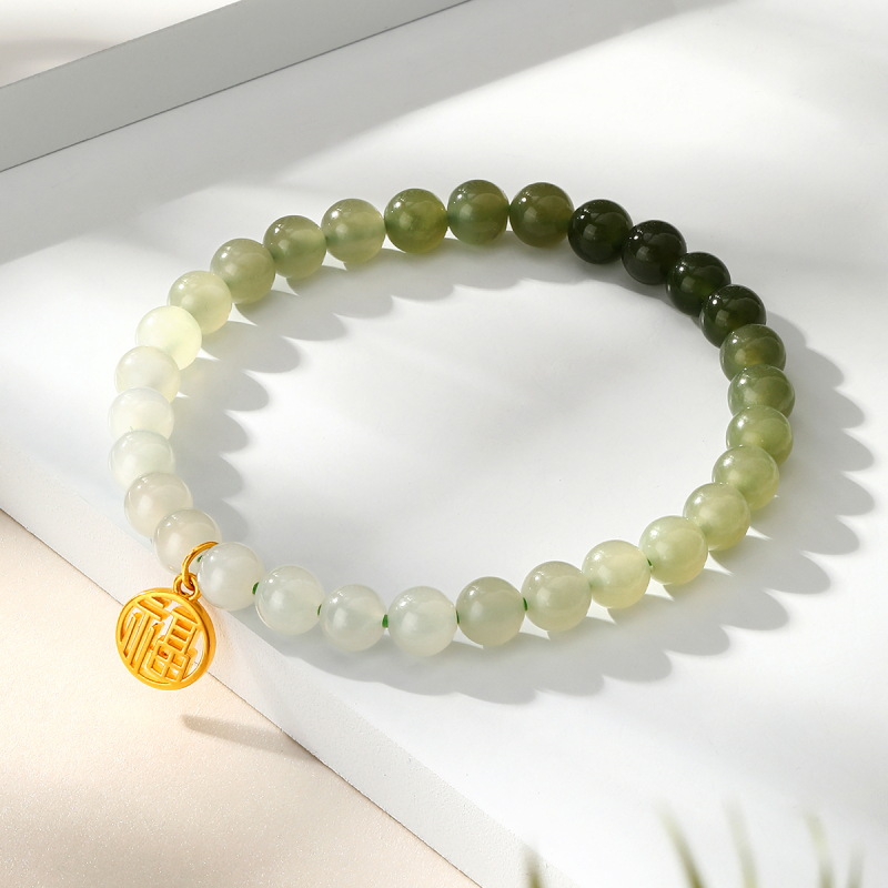 梦金园小福牌黄金手链温婉渐变和田玉足金手链兔耳圆牌玉石手串多款