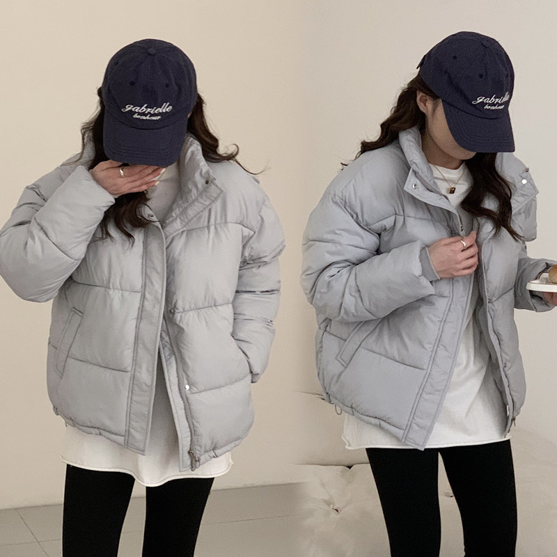 羽绒棉衣棉服女新款冬季韩版黑色小个子加绒短款立领面包服外套女 蓝灰色 XL