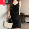 YIBUSHENG法式v领黑色吊带连衣裙女大码胖mm收腰显瘦纯欲性感包臀a字短裙
