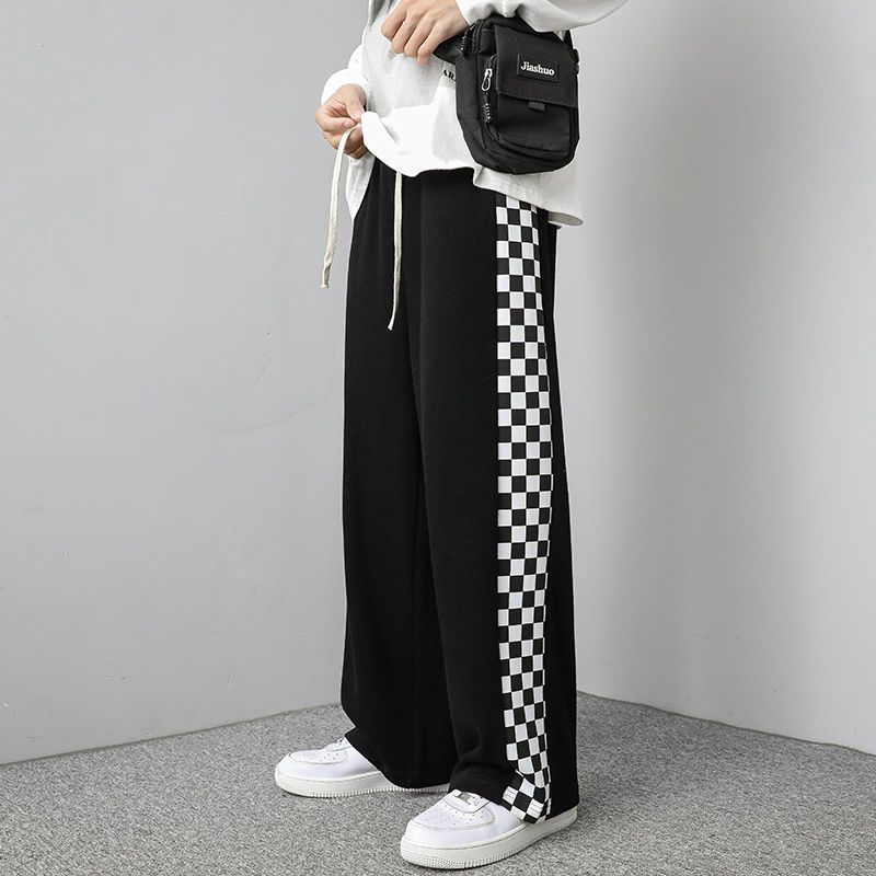 真维斯裤子男士2022春季新款格子裤男阔腿裤直筒宽松潮流休闲长裤