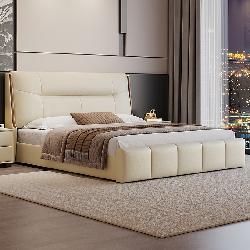 真皮床现代简约高端双人床意式轻奢主卧大床皮艺床软包床储物婚床高清大图