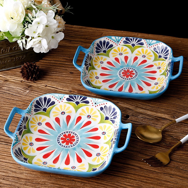 波西米亚家用烤盘手柄碗餐具套装高颜值饭碗双耳汤碗盘子太阳花8英寸石纹饭盘1036高清大图