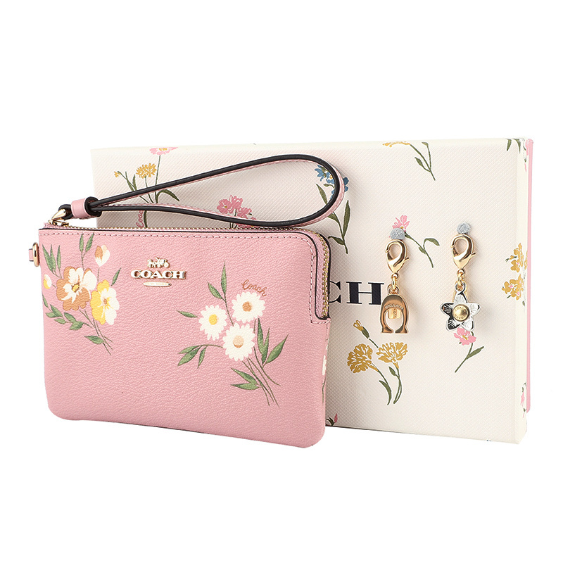 coach蔻驰奢侈品欧美时尚粉色皮革短款手拿包零钱包横款手包女