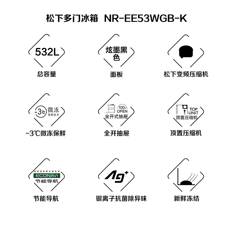 松下(Panasonic)多门冰箱NR-EE53WGB-K 532L 银离子抗菌除异味 顶置压缩机全开抽屉 新鲜冻结