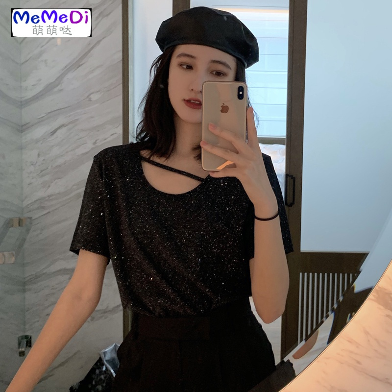 2020夏季新款chic港味网红亮片上设计感心机宽松短袖T恤女学生